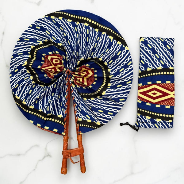 Abanico africano - Abanico estampado Ankara - Azul Crema Afful
