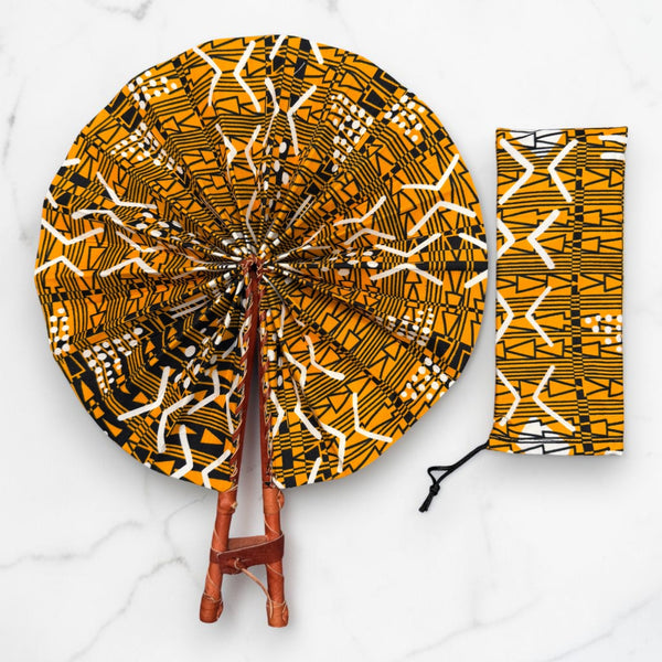 Abanico africano - Abanico estampado Ankara - Mostaza Negro Yeboah