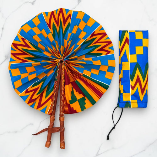 Abanico africano - Abanico estampado Ankara - Azul Naranja Adomako