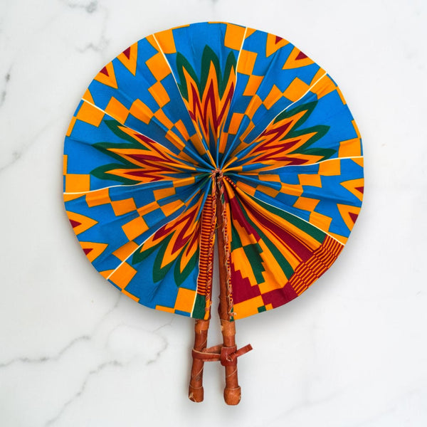 Abanico africano - Abanico estampado Ankara - Azul Naranja Adomako