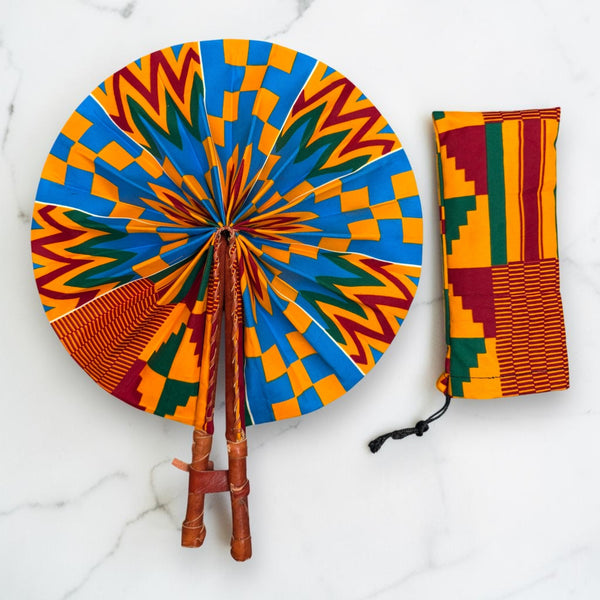 Abanico africano - Abanico estampado Ankara - Azul Naranja Adomako