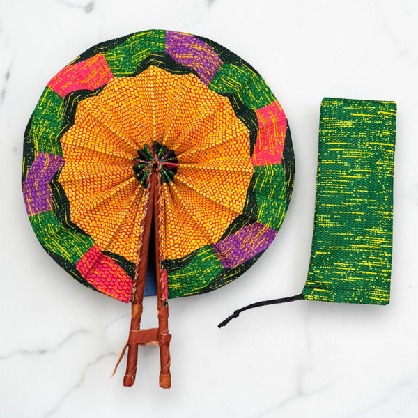 Abanico africano - Abanico estampado Ankara - Naranja Verde Akuffo