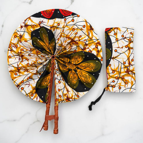 Abanico africano - Abanico estampado Ankara - Naranja Blanco Acheampong