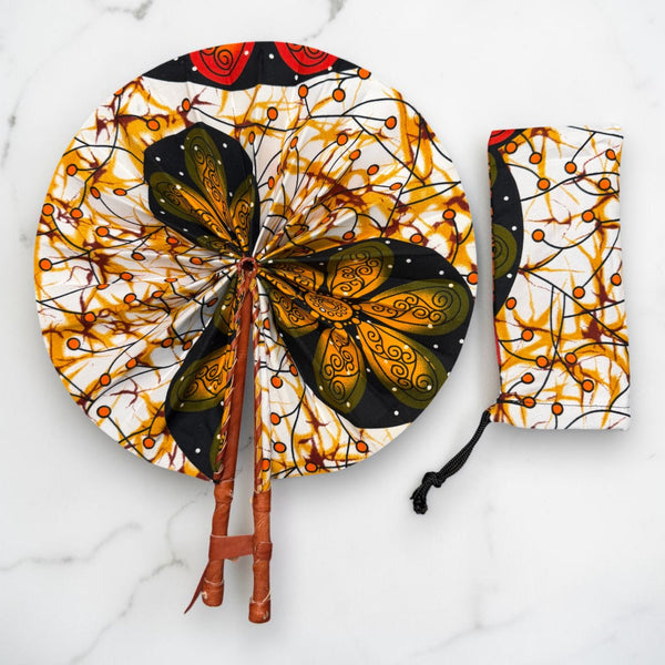 Abanico africano - Abanico estampado Ankara - Naranja Blanco Acheampong