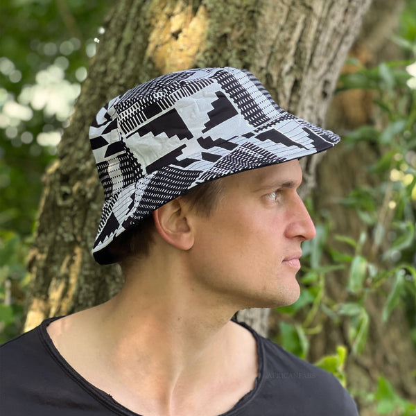 Gorro pescador / Gorro pescador estampado africano - Kente negro / blanco - Tallas niños y adultos (Unisex)