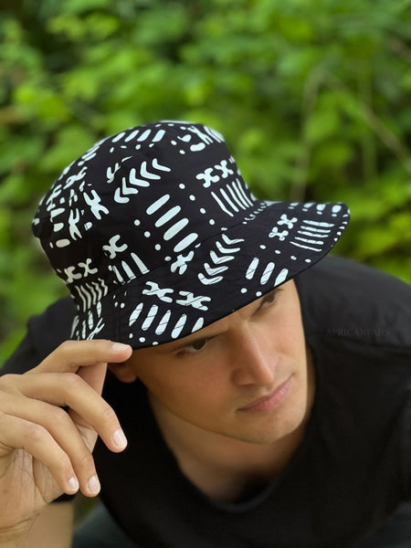 Gorro pescador con estampado africano - Negro, blanco y bogolán - Tallas niños(Unisex)