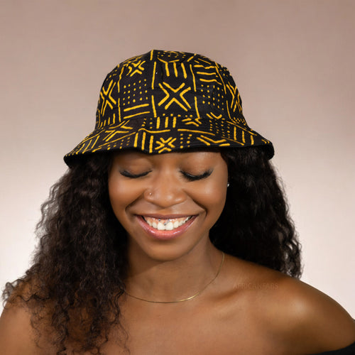 Gorro pescador / Gorro pescador estampado africano - Bogolan negro / amarillo - Tallas Niños y Adultos (Unisex)