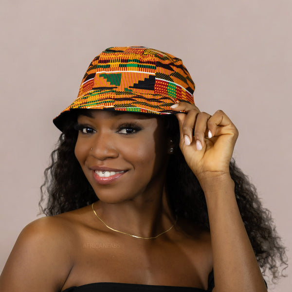 Gorro pescador / Gorro pescador estampado africano - Kente Naranja / verde - Tallas Niños y Adultos (Unisex)