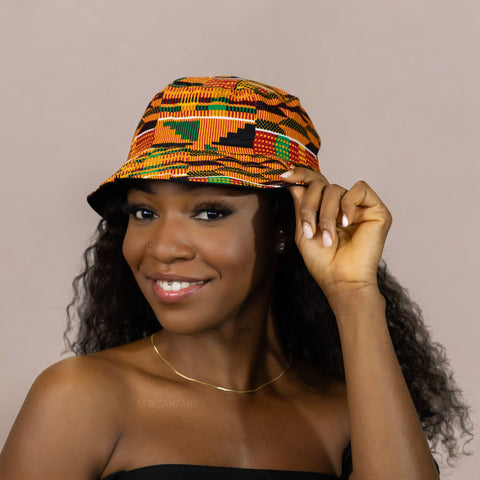 Gorro pescador / Gorro pescador estampado africano - Kente Naranja / verde - Tallas Niños y Adultos (Unisex)