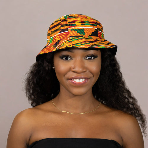 Gorro pescador / Gorro pescador estampado africano - Kente Naranja / verde - Tallas Niños y Adultos (Unisex)