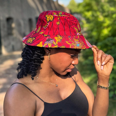 Gorro pescador / Gorro pescador estampado africano - Botanical Flow Rojo Oscuro y Amarillo - Tallas Niños y Adultos (Unisex)