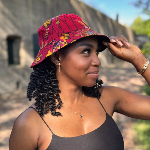 Gorro pescador / Gorro pescador estampado africano - Botanical Flow Rojo Oscuro y Amarillo - Tallas Niños y Adultos (Unisex)