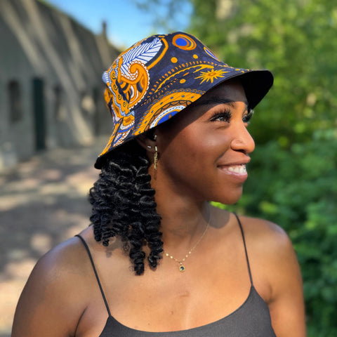 Gorro pescador / Gorro pescador estampado africano - Azul marino Amarillo Paisley - Tallas Niños y Adultos (Unisex)