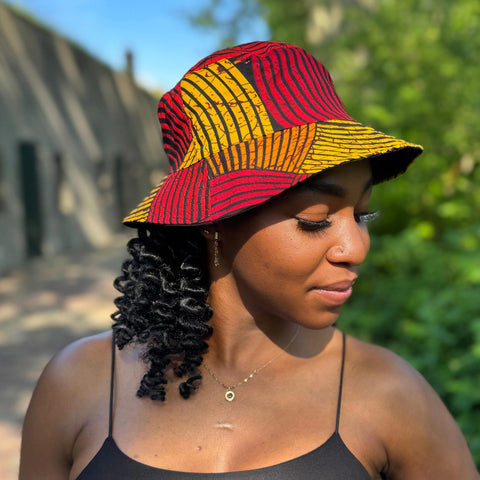 Gorro pescador / Gorro pescador estampado africano - Rojo & Amarillo Concentric Circle Design - Tallas Niños y Adultos (Unisex)