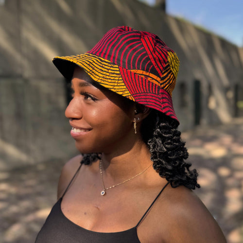 Gorro pescador / Gorro pescador estampado africano - Rojo & Amarillo Concentric Circle Design - Tallas Niños y Adultos (Unisex)