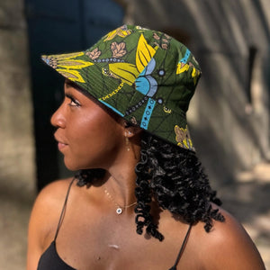 Gorro pescador / Gorro pescador estampado africano - Verde oscuro & Amarillo Botanical Flow - Tallas Niños y Adultos (Unisex)