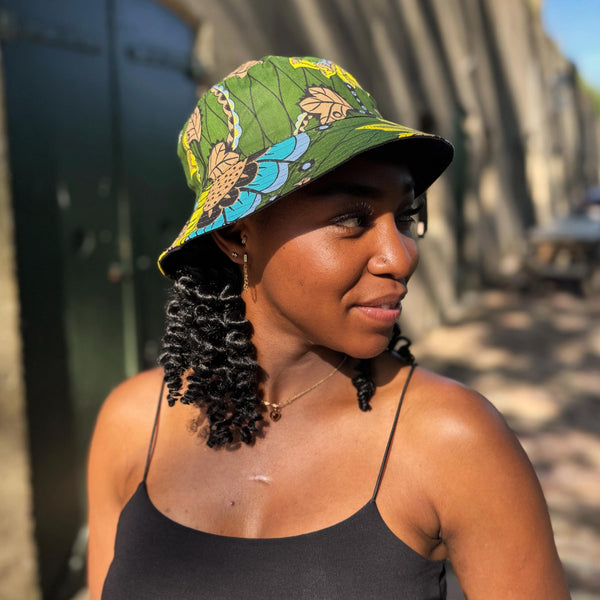 Gorro pescador / Gorro pescador estampado africano - Verde oscuro & Amarillo Botanical Flow - Tallas Niños y Adultos (Unisex)