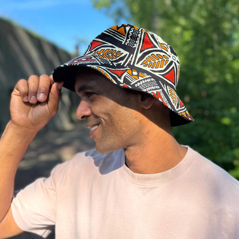 Gorro pescador / Gorro pescador estampado africano - Rojo & Naranja Bogolan Symbols - Tallas Niños y Adultos (Unisex)