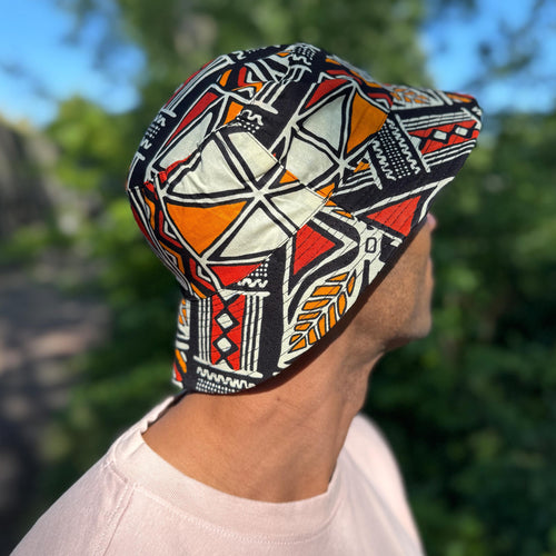 Gorro pescador / Gorro pescador estampado africano - Rojo & Naranja Bogolan Symbols - Tallas Niños y Adultos (Unisex)