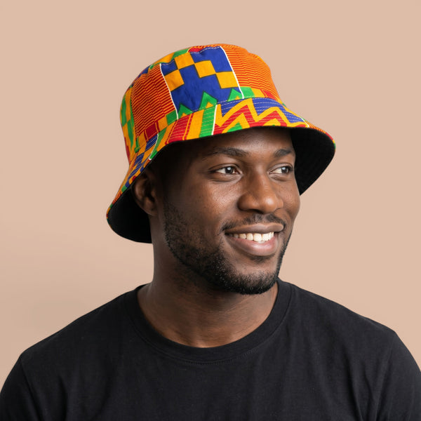 Bucket hat / Fisherman hat with African print - Yellow Blue Kente - Kids & Adults sizes (Unisex)