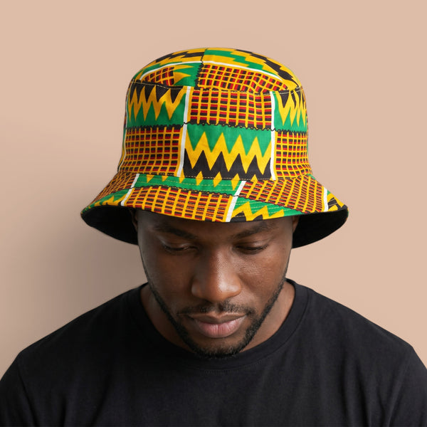 Gorro pescador / Gorro pescador estampado africano - Verde Amarillo Kente - Tallas Niños y Adultos (Unisex)