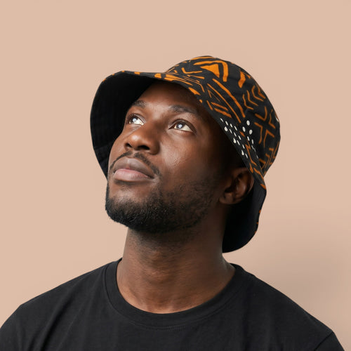 Gorro pescador / Gorro pescador estampado africano - Negro Naranja Bogolan Symbols - Tallas Niños y Adultos (Unisex)