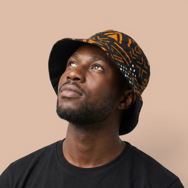 Gorro pescador / Gorro pescador estampado africano - Negro Naranja Bogolan Symbols - Tallas Niños y Adultos (Unisex)