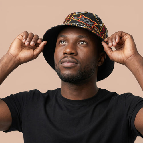 Gorro pescador / Gorro pescador estampado africano - Negro Rojo Toghu Bamenda Cameroon - Tallas Niños y Adultos (Unisex)