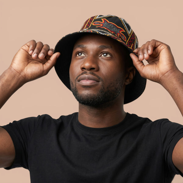 Gorro pescador / Gorro pescador estampado africano - Negro Rojo Toghu Bamenda Cameroon - Tallas Niños y Adultos (Unisex)