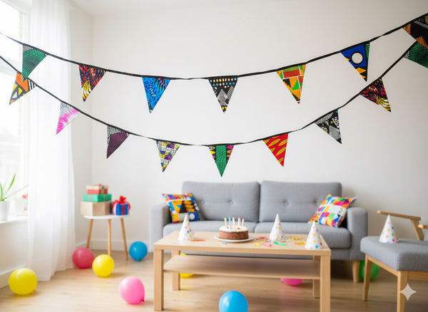 Banderines / guirnaldas de tela con estampado africano - Cinta negra - 5 metros