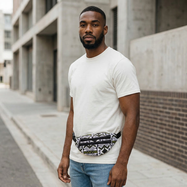 Riñonera con estampado africano - Bogolan blanco / verde - Riñonera Ankara / Riñonera / Bolsa de festival con correa ajustable