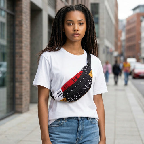 Riñonera con estampado africano - Rojo Bogolan Symbols - Riñonera Ankara / Riñonera / Bolsa de festival con correa ajustable