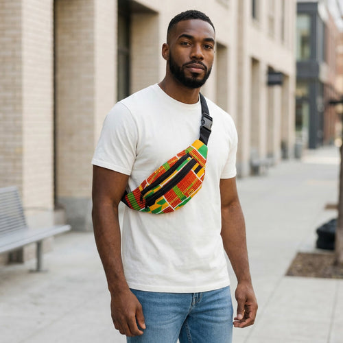 Riñonera con estampado africano - Kente amarillo / verde  - Riñonera Ankara / Riñonera / Bolsa de festival con correa ajustable