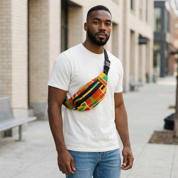 Riñonera con estampado africano - Kente amarillo / verde  - Riñonera Ankara / Riñonera / Bolsa de festival con correa ajustable