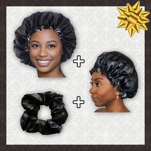 SET SATIN - Protege tu cabello y mantenlo seco - Gorro Black Satin Hair + Gorro ducha + Scrunchie