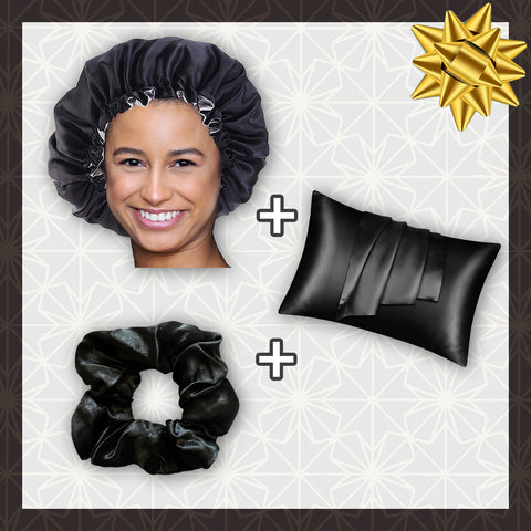 SET DE SATÉN - Protege tu cabello y tu piel - Gorro de satén negro + Funda de almohada de satén + Scrunchie