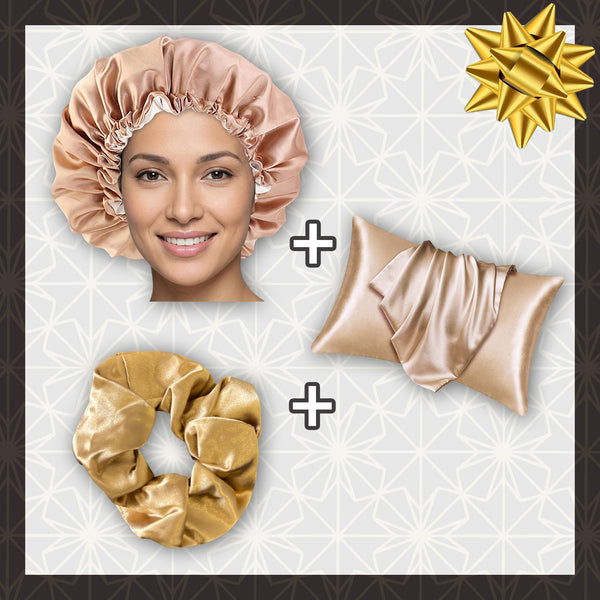 SET DE SATÉN - Protege tu cabello y tu piel - Gorro Kaki Satin Hair + Funda de Almohada Satin + Scrunchie