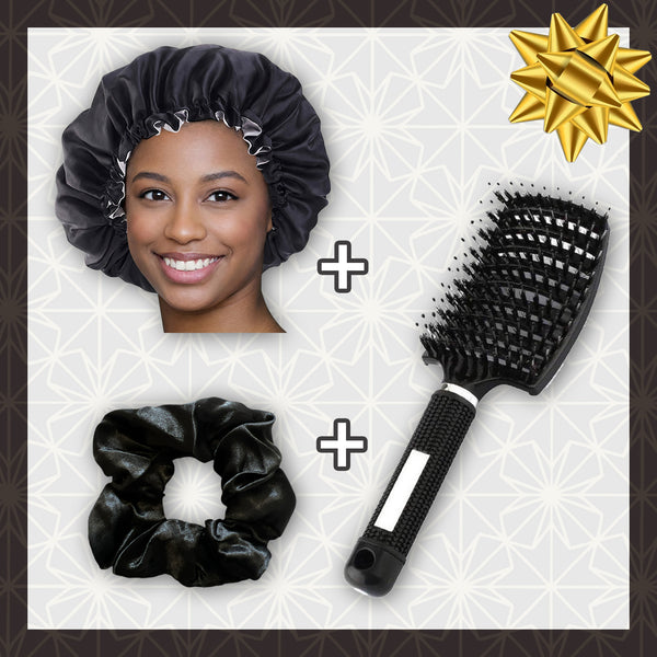 SET SATINADO - Kit de iniciación Protect & Brush your hair - Black Satin Hair Bonnet + Curved Detangler brush + Scrunchie