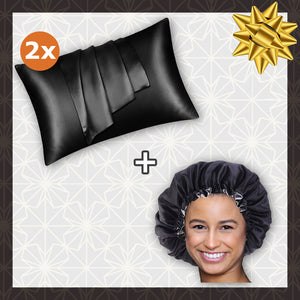 SET DE SATÉN - Protege tu cabello y tu piel - Gorro de satén negro + 2 fundas de almohada de satén