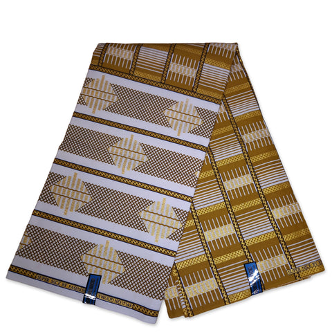 Tela estampada africana - Efectos exclusivos de purpurina embellecida 100% algodón - GL-4001 Marrón oliva Blanco Dorado