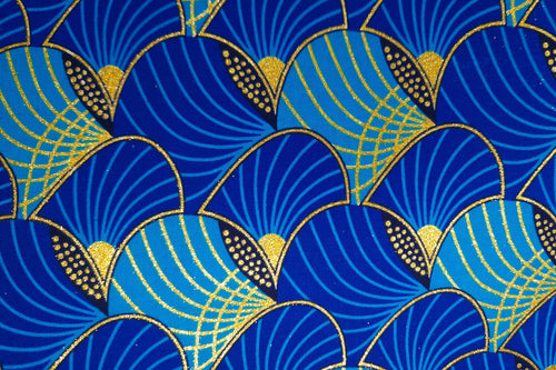 Tela estampada africana - Efectos exclusivos de purpurina embellecida 100% algodón - GL-4011 Azul Dorado