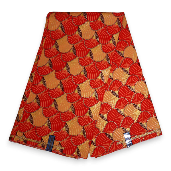 Tela estampada africana - Efectos exclusivos de purpurina embellecida 100% algodón - GL-4012 Rojo Naranja Dorado