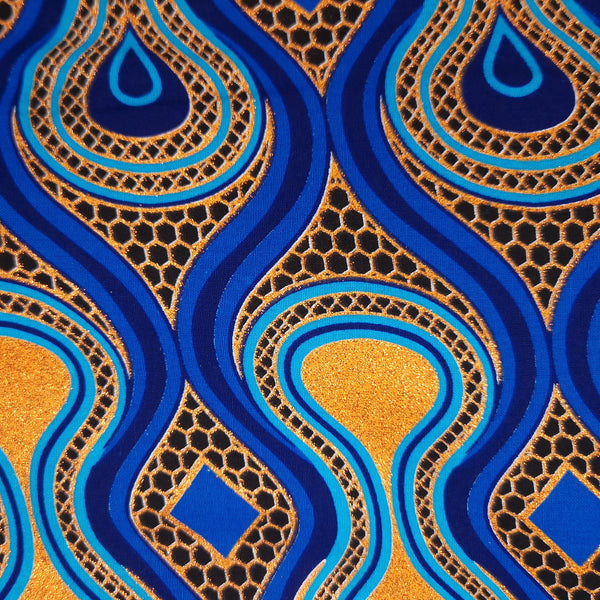 Tela estampada africana - Efectos exclusivos de purpurina embellecida 100% algodón - GL-4016 Azul Naranja Dorado