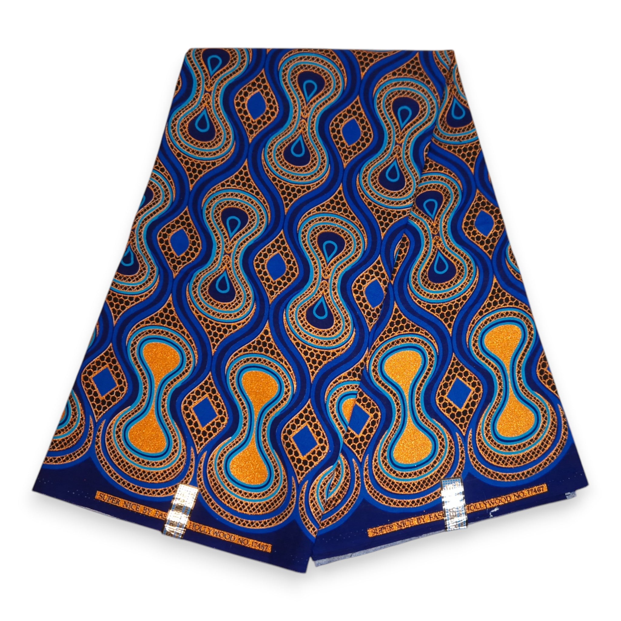 Tela estampada africana - Efectos exclusivos de purpurina embellecida 100% algodón - GL-4016 Azul Naranja Dorado
