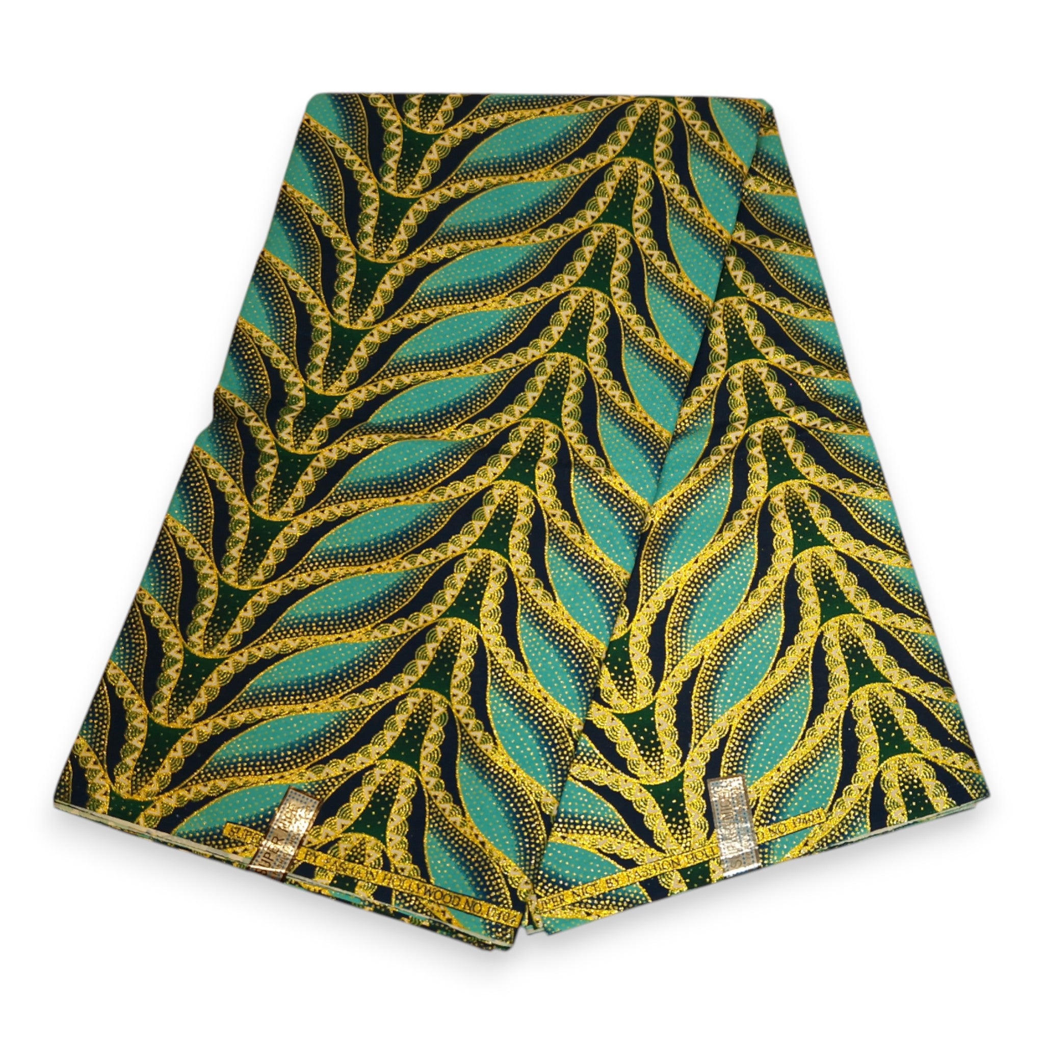Tela estampada africana - Efectos exclusivos de purpurina embellecida 100% algodón - GL-4020 Azul claro / Turquesa Dorado
