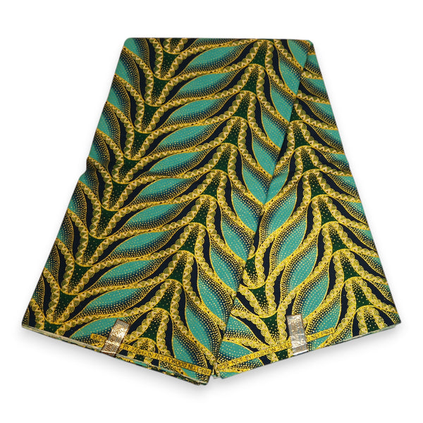 Tela estampada africana - Efectos exclusivos de purpurina embellecida 100% algodón - GL-4020 Azul claro / Turquesa Dorado