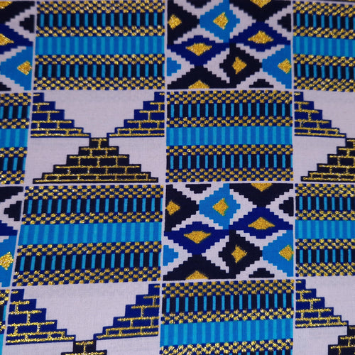 Tela estampada africana - Efectos exclusivos de purpurina embellecida 100% algodón - GL-4026 Azul Dorado Kente