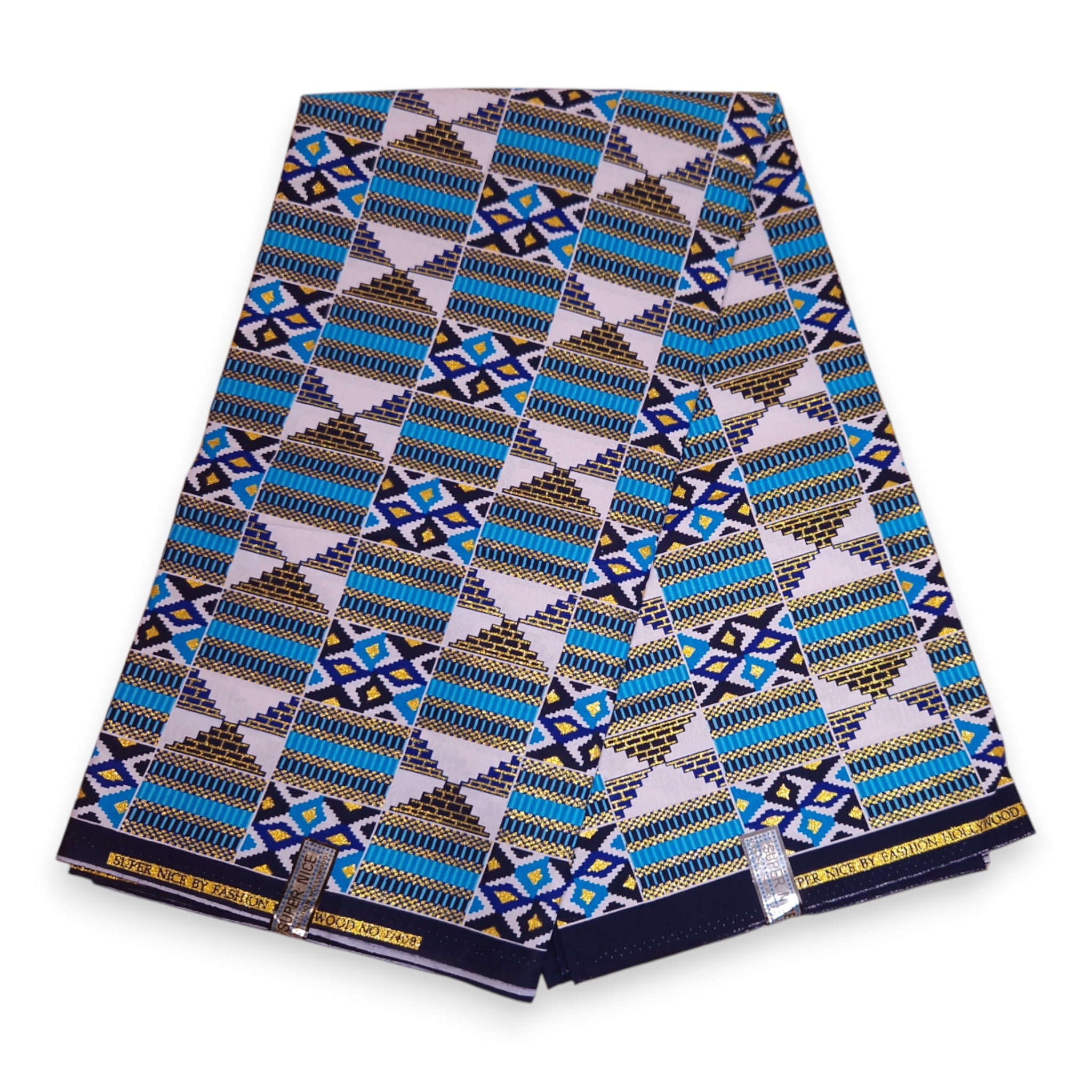 Tela estampada africana - Efectos exclusivos de purpurina embellecida 100% algodón - GL-4026 Azul Dorado Kente