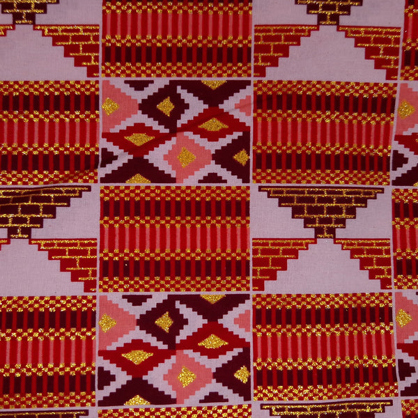 Tela estampada africana - Efectos exclusivos de purpurina embellecida 100% algodón - GL-4027 Rojo Dorado Kente