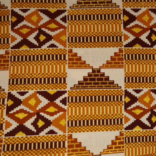 Tela estampada africana - Efectos exclusivos de purpurina embellecida 100% algodón - GL-4029 Mostaza Marrón Dorado Kente